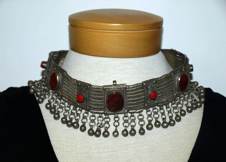 Vintage 1930s Silver and Carnelian Necklace from Morocco