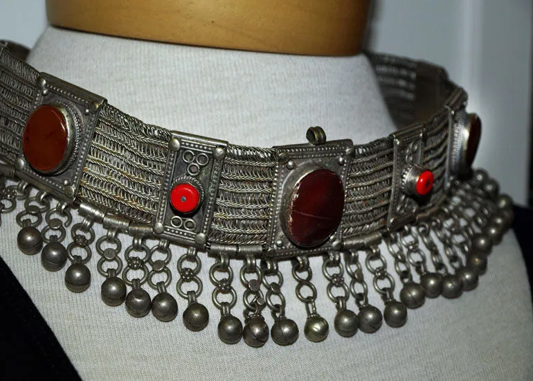 Vintage 1930s Silver and Carnelian Necklace from Morocco