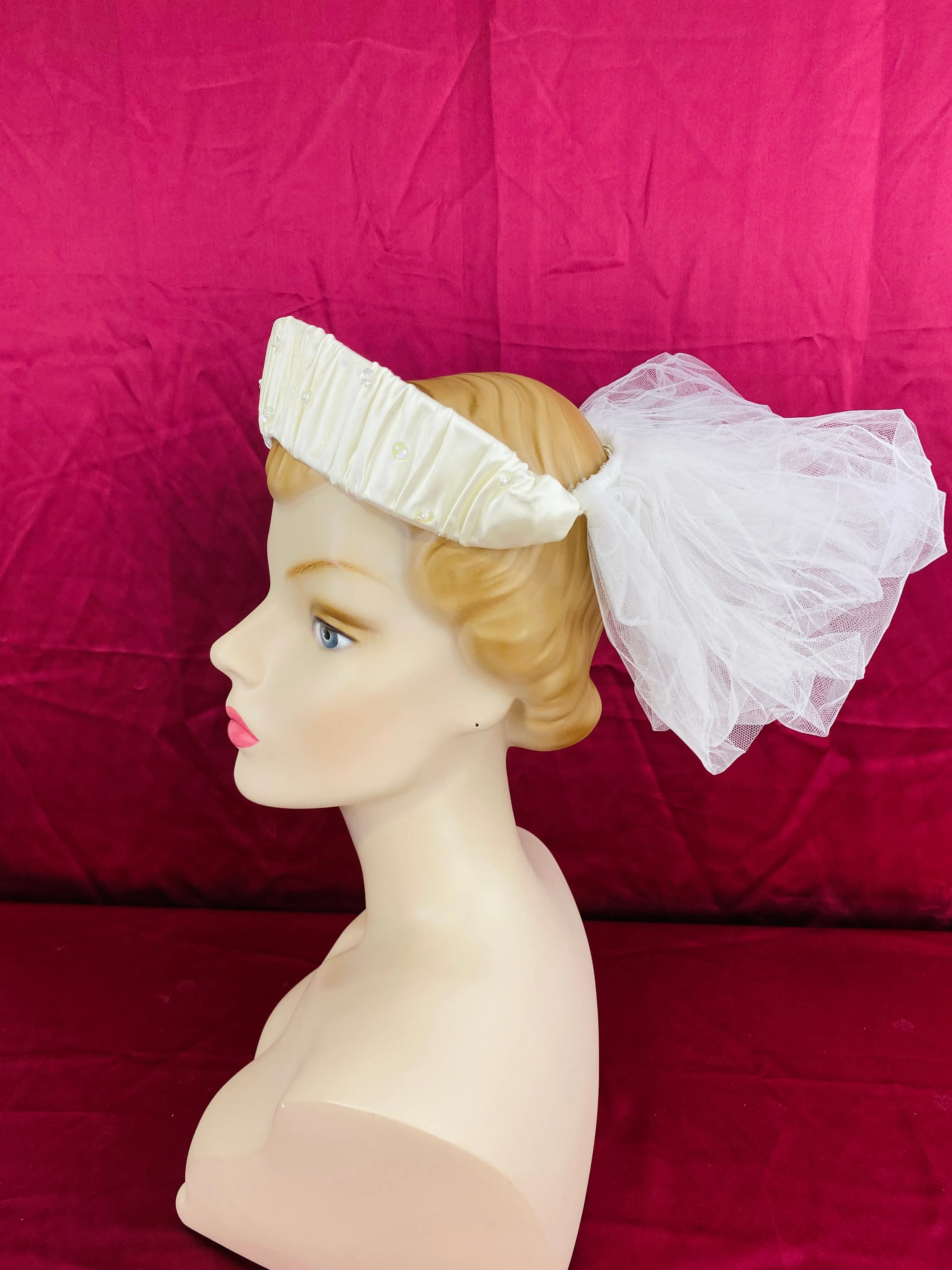 Vintage 80s/ 90s Ivory Satin Halo Headpiece/ Diadem with Tulle Ruffle