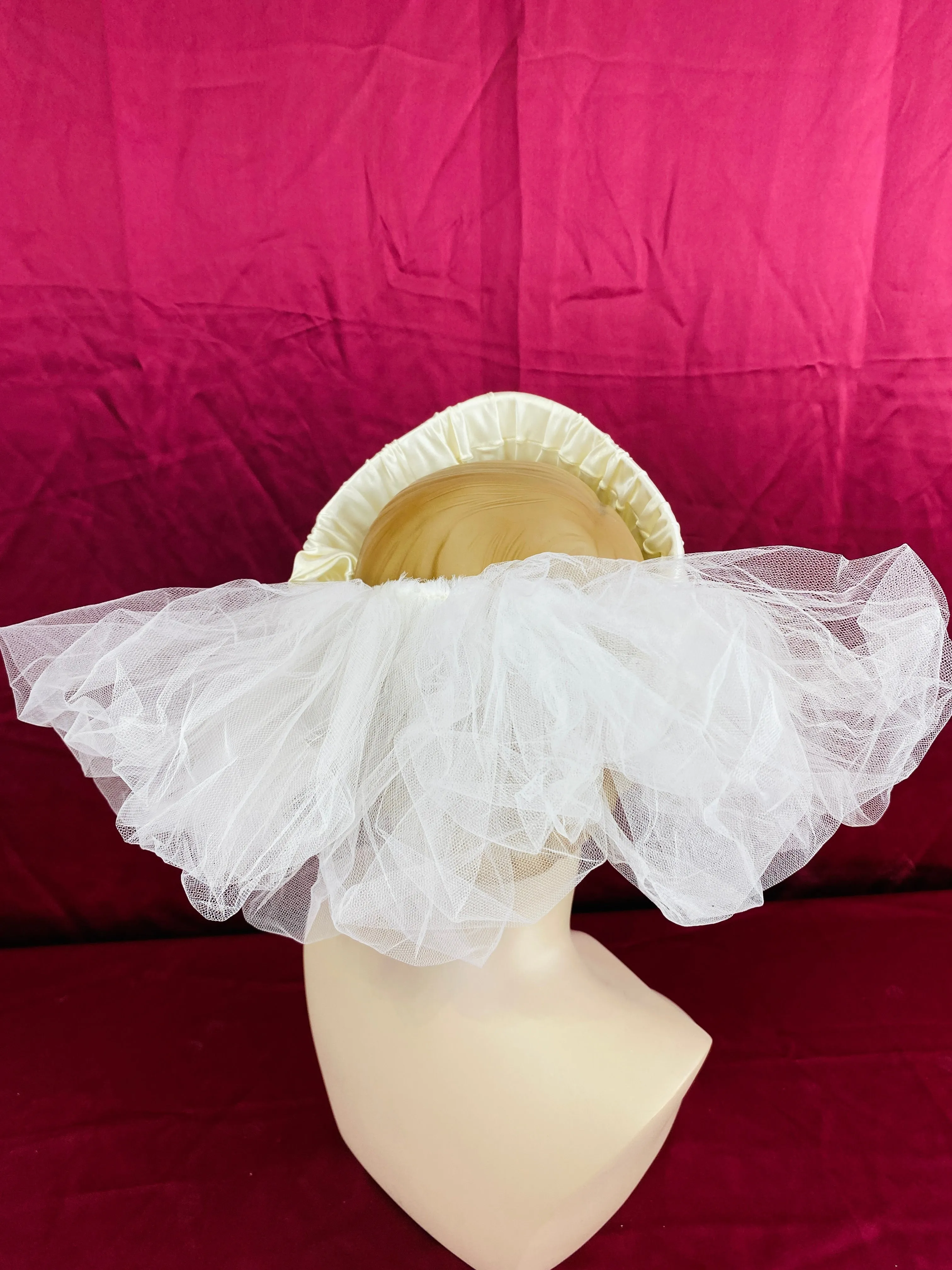 Vintage 80s/ 90s Ivory Satin Halo Headpiece/ Diadem with Tulle Ruffle