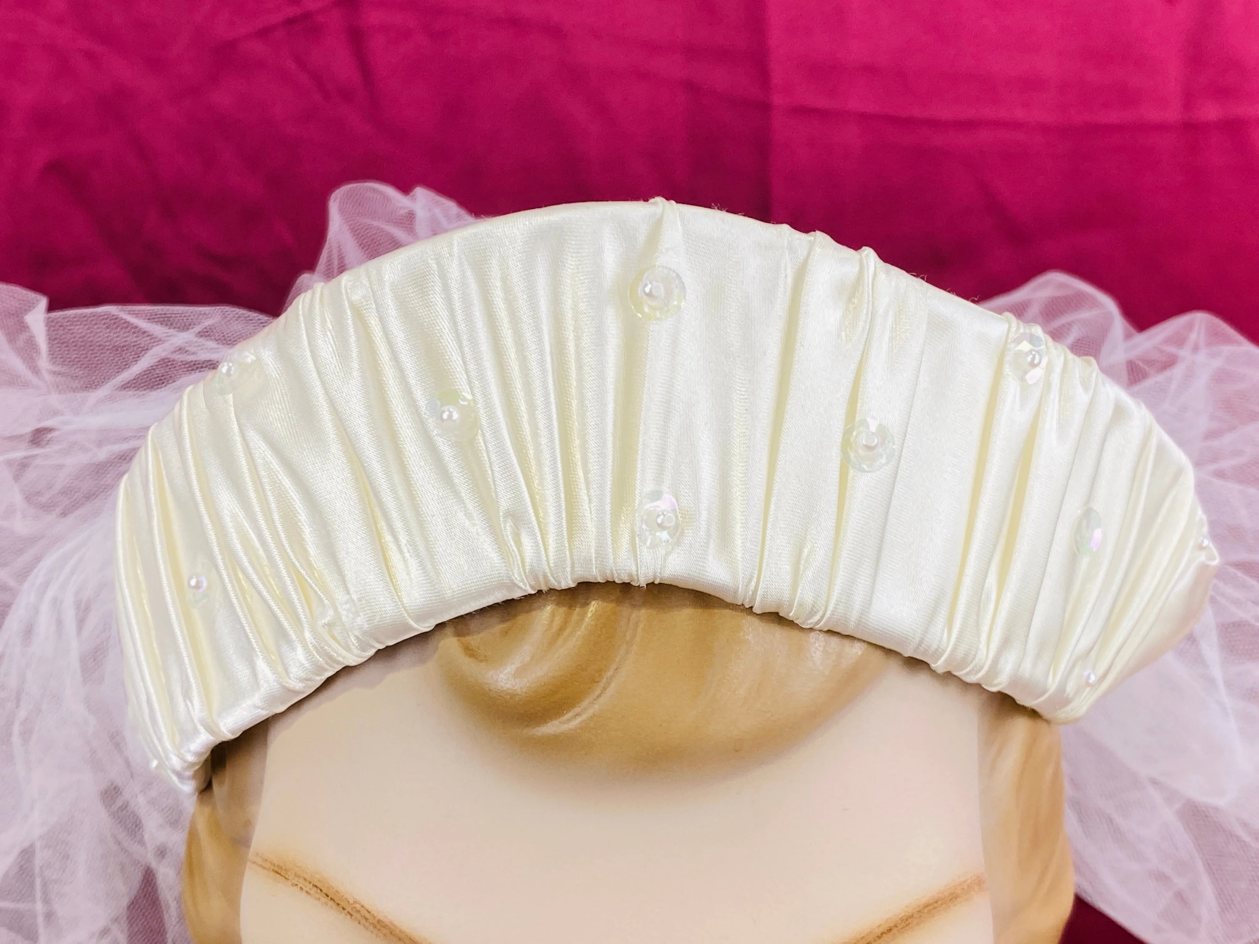 Vintage 80s/ 90s Ivory Satin Halo Headpiece/ Diadem with Tulle Ruffle