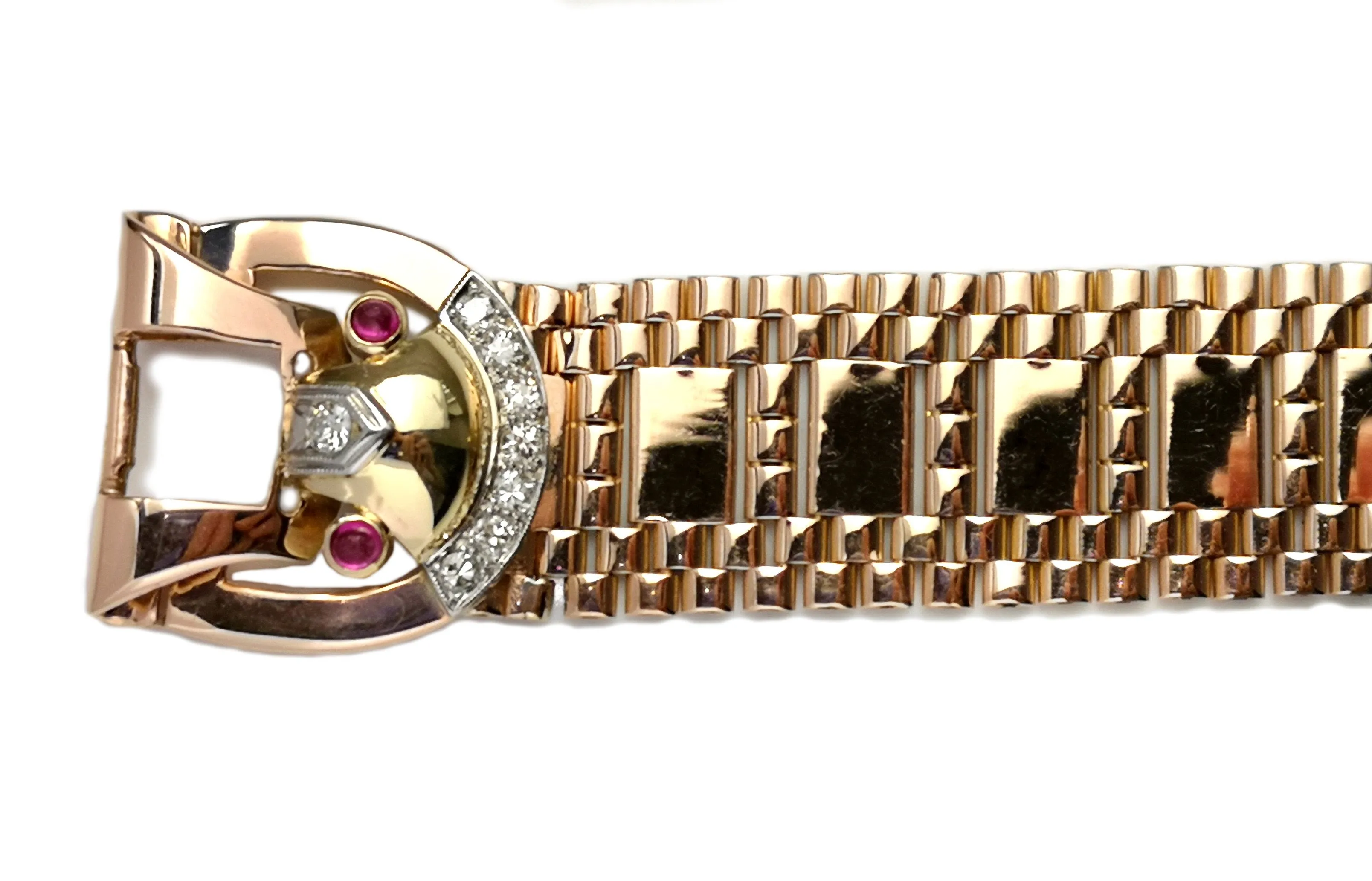 Vintage Retro 1940s 14k Rose Gold Ruby Diamond Belt Bracelet 17.5cm