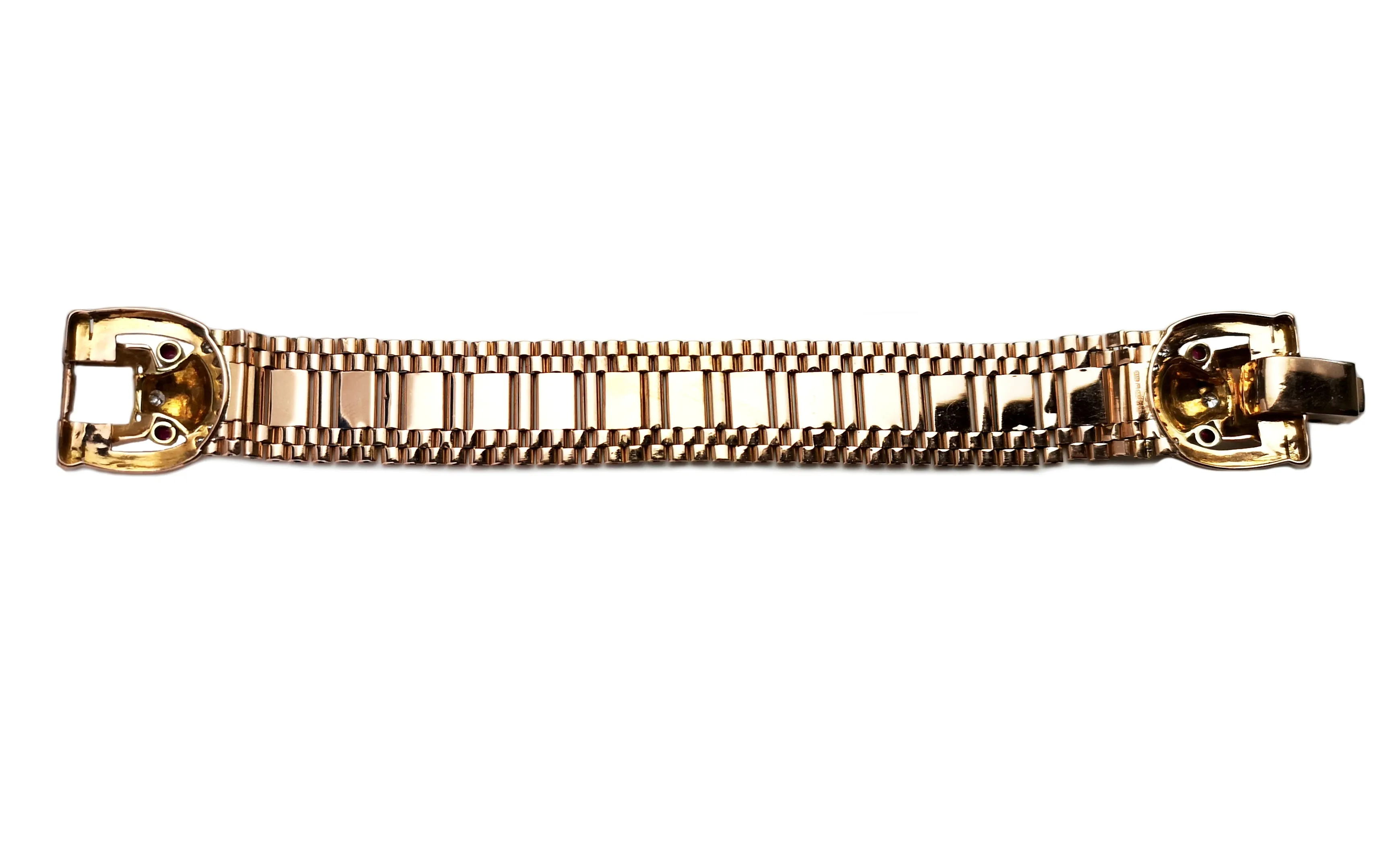 Vintage Retro 1940s 14k Rose Gold Ruby Diamond Belt Bracelet 17.5cm