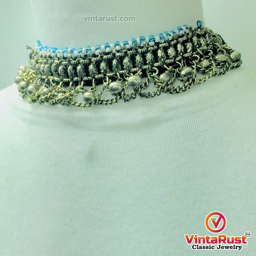 Vintage Silver Bells Choker Necklace, Afghan Kuchi Necklace With Beads,