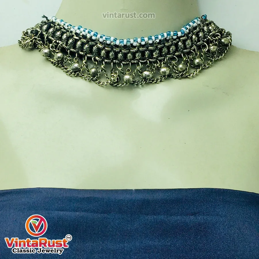 Vintage Silver Bells Choker Necklace, Afghan Kuchi Necklace With Beads,