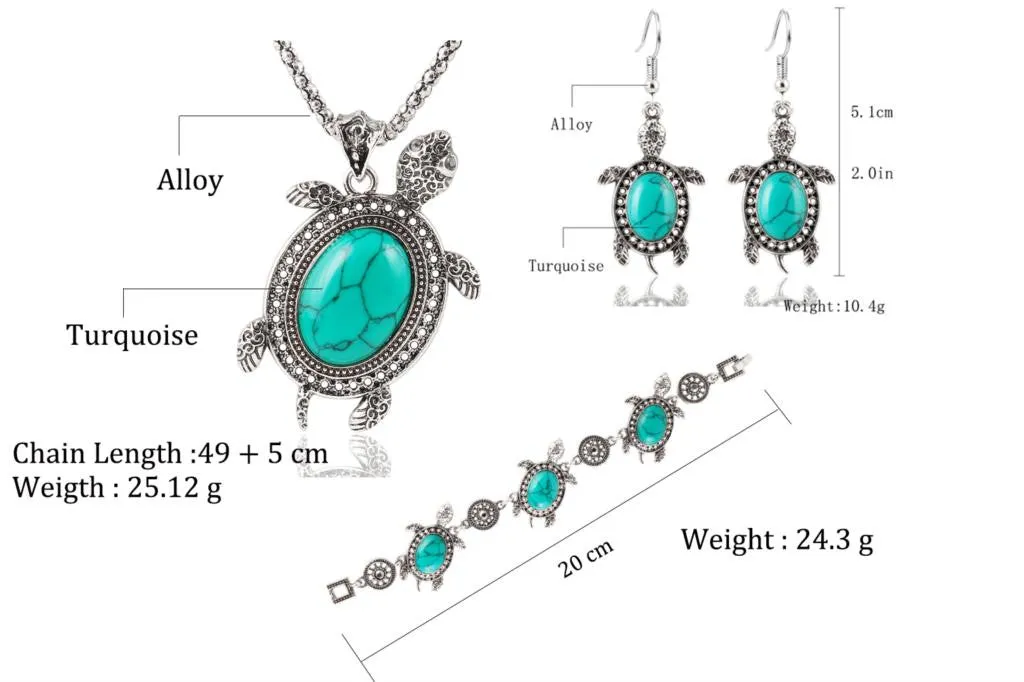 Vintage Silver Tone Animal Tortoise Jewelry Sets Turquoise Earrings Necklace Bracelet Fashion Women Little Turtle Accessories