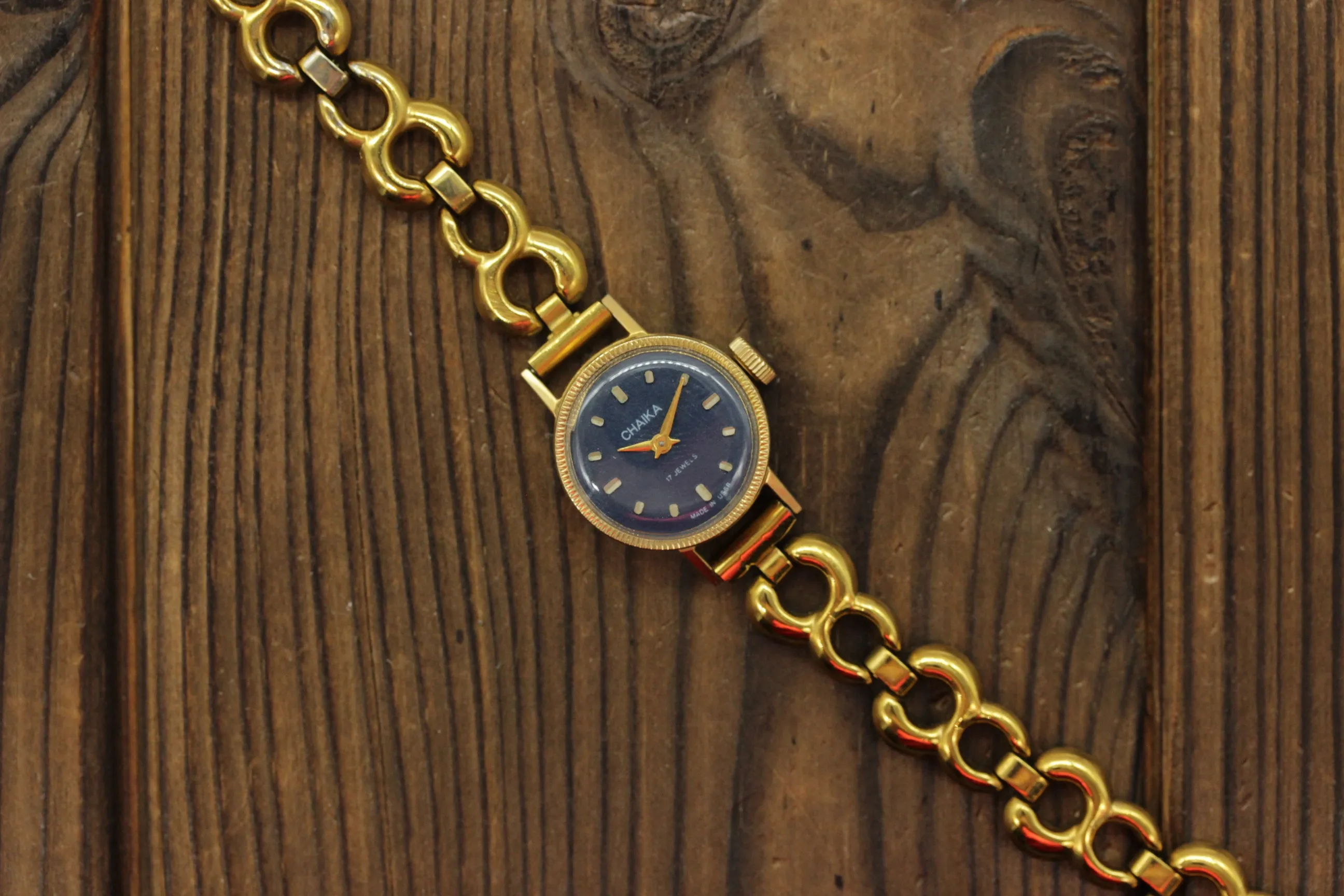 Vintage Soviet womens mechanical mini watch Chaika, gold plated, blue dial