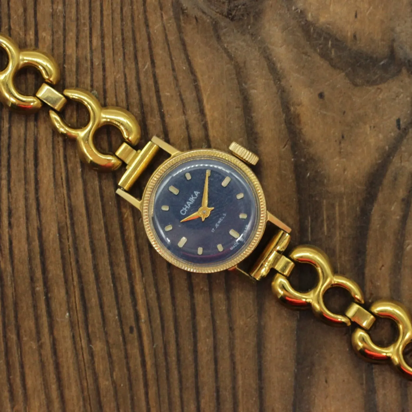 Vintage Soviet womens mechanical mini watch Chaika, gold plated, blue dial