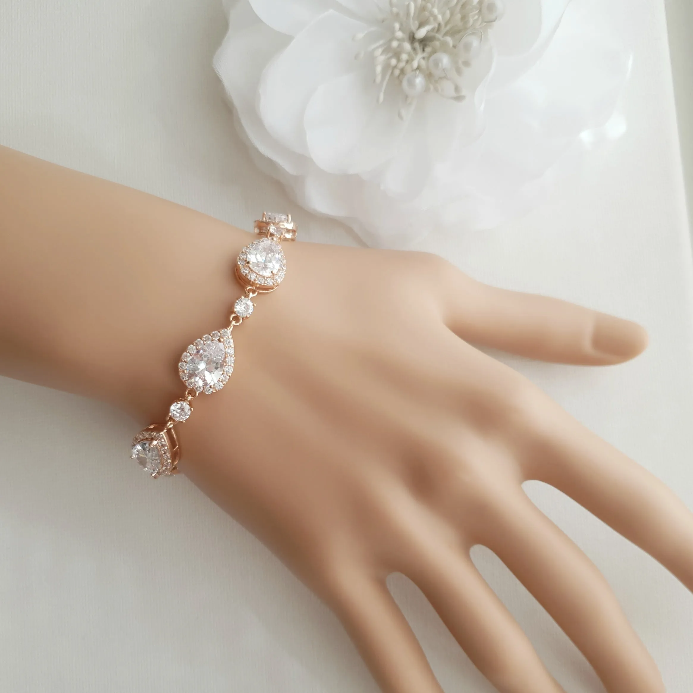 Wedding Bracelet for Brides in Teardrop Shape Cubic Zirconia Crystals-Emma