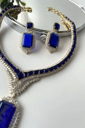 White Finish Zircon And Swarovski With Blue Stone Necklace Set