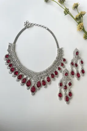 White Finish Zircon Necklace Set With Red Stones