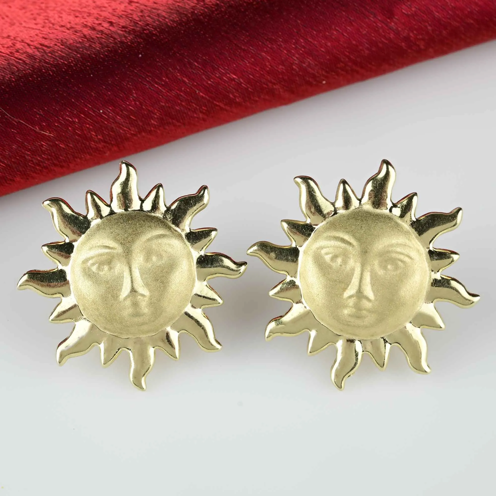 Xtra Large 14K Gold Sun Face Earrings, Omega Back