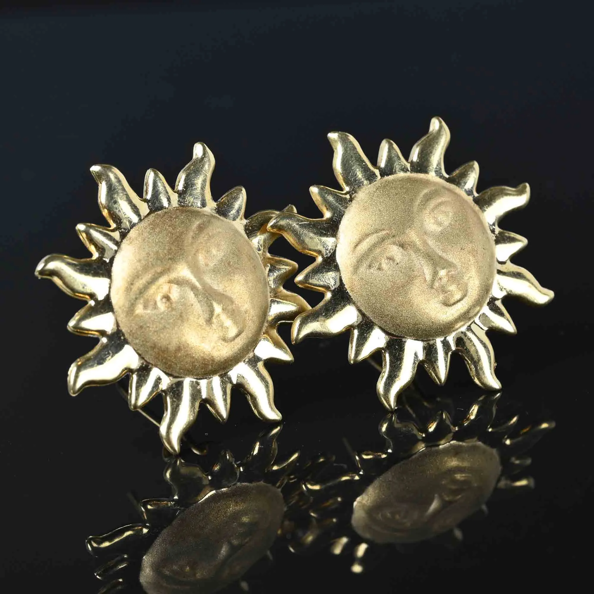 Xtra Large 14K Gold Sun Face Earrings, Omega Back