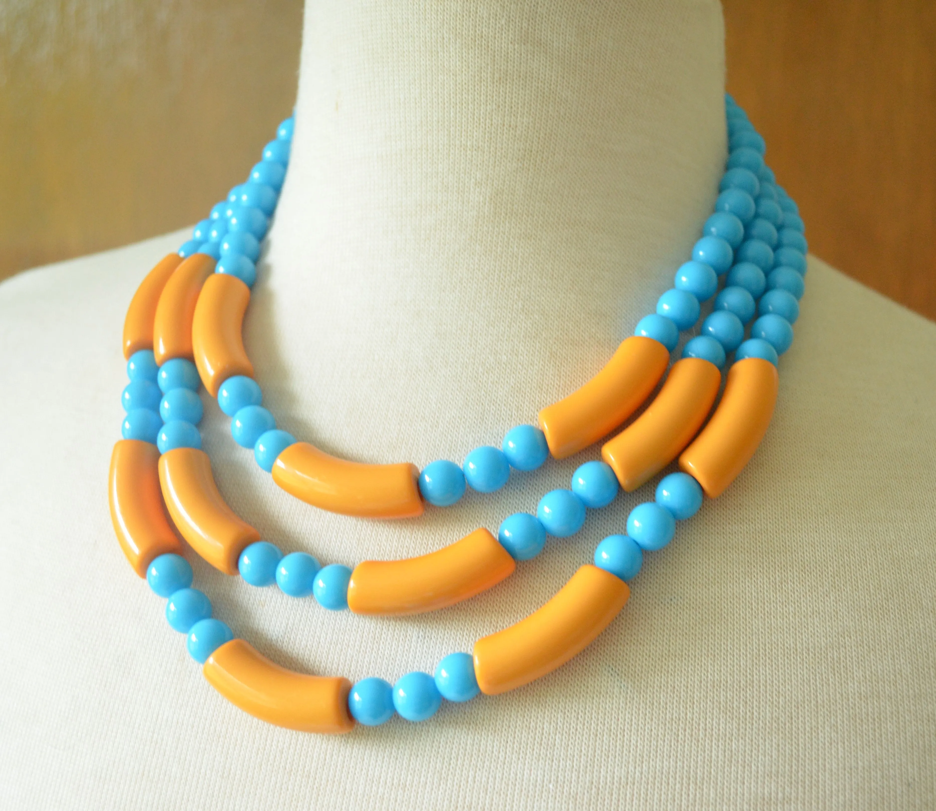 Yellow Turquoise Blue Acrylic Bead Multi Strand Statement Necklace