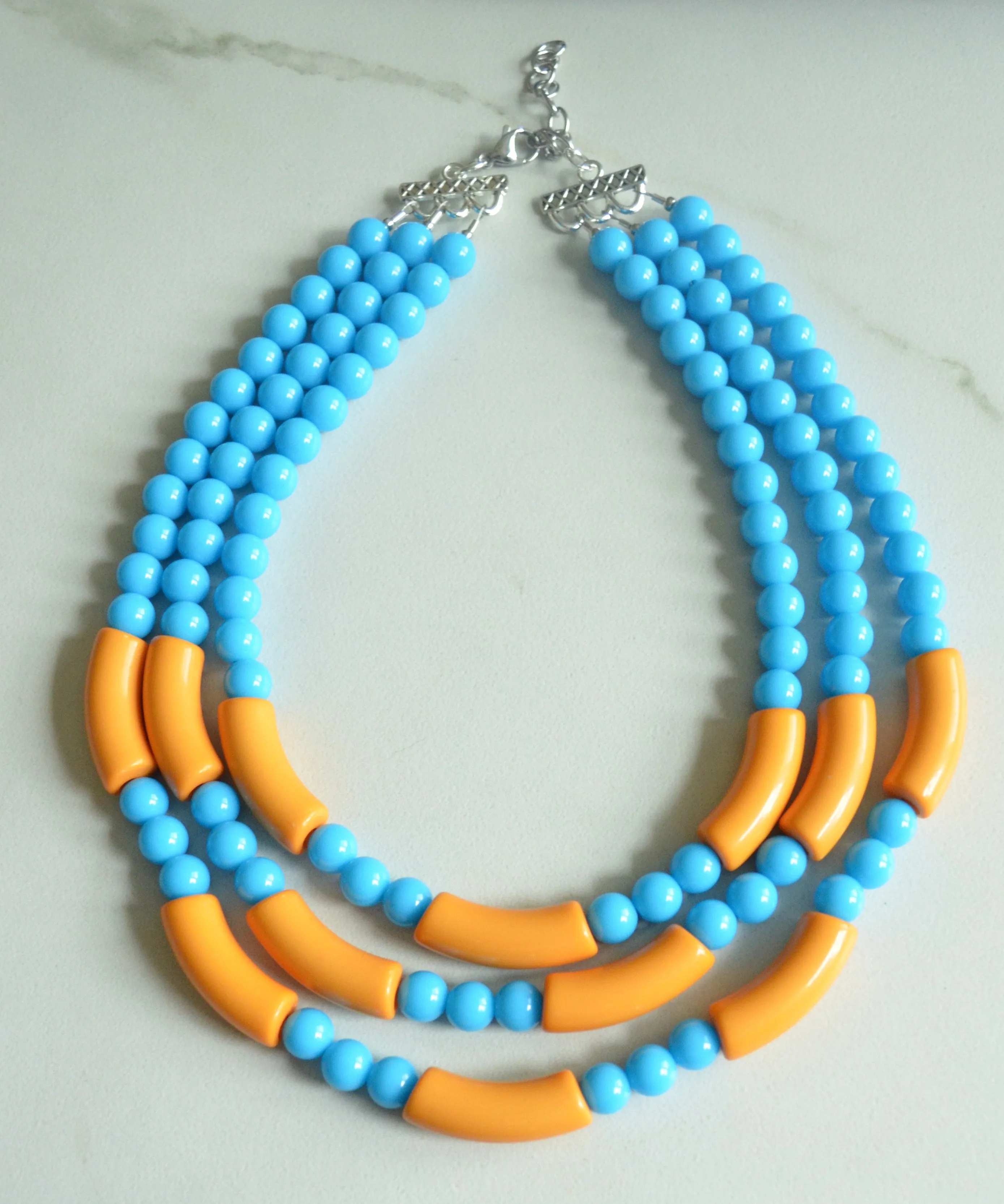 Yellow Turquoise Blue Acrylic Bead Multi Strand Statement Necklace