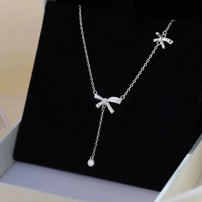 Zircon Bowknot Tassle Silver Necklace for Women