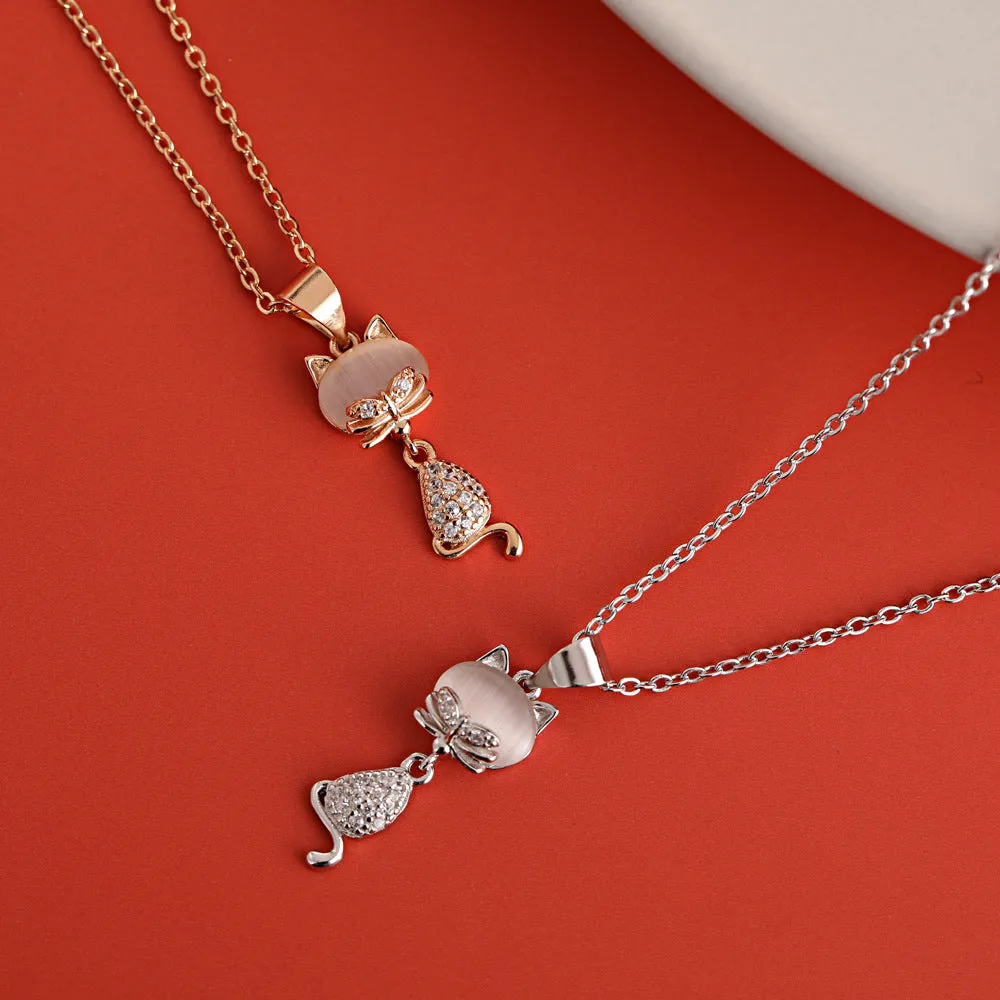 Zircon Cat Pendant Silver Necklace for Women