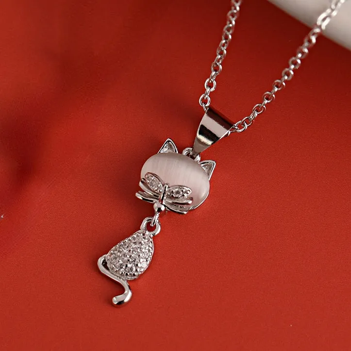 Zircon Cat Pendant Silver Necklace for Women