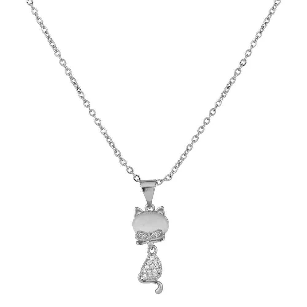 Zircon Cat Pendant Silver Necklace for Women