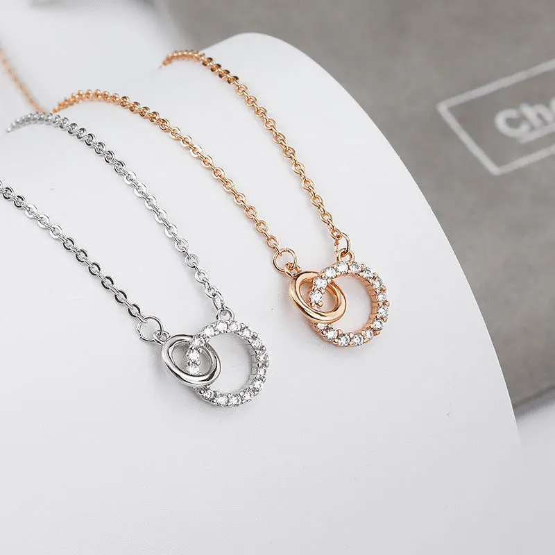 Zircon Circle Interlocking Ring Silver Necklace for Women